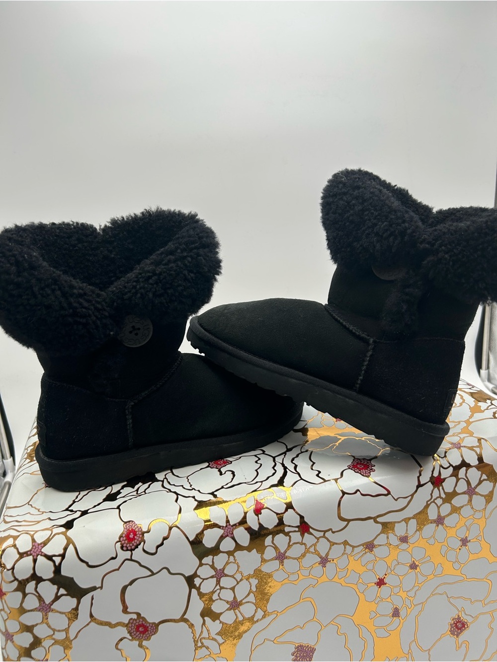 UGG Black Short Shearling Button Boots
